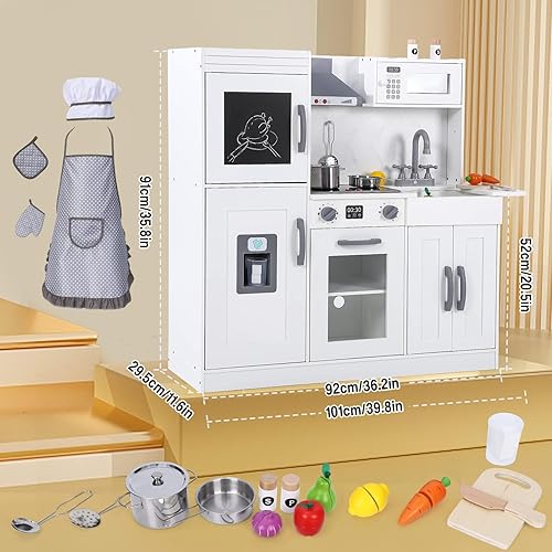 Miniatura 2 de CABIHOME Juego de cocina de madera con accesorios de utensilios de cocina, luces reales y sonidos, incluye microondas, horno, fregadero, cocina de