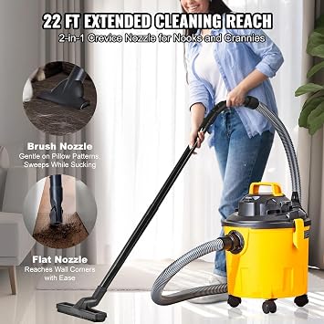 Shop Vacuum Wet And Dry, 5 Gallon 6 Peak HP Wet/Dry Vac, Powerful Suction with Blower Function with Attachments 2-in-1 Crevice Nozzle, Small Shop Vac Perfect for Carpet Debris, Pet Hair, Car