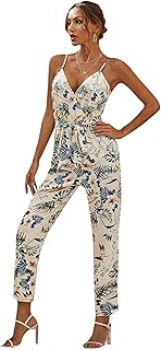 Floerns Women's Tropical Print Wrap V Neck Sleeveless Belted Summer Jumpsuit