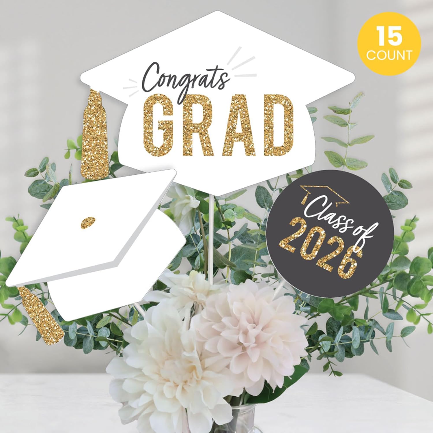 Big Dot of Happiness White and Gold 2026 Graduation Party Centerpiece Sticks, Congrats Grad Decor, Class of 2026 Grad Party Table Toppers - 15 Pieces
