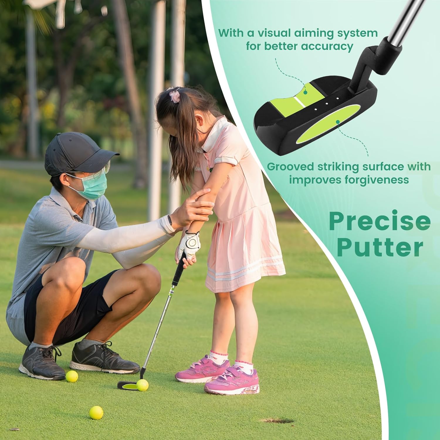 Tangkula Kids Golf Club Set Right Hand, Junior Complete Golf Club Set with 205CC #3 Fairway Wood & #7/#S Irons & Putter, Head Cover & Rain Hood, Golf Stand Bag, Golf Clubs Set for Children Age 5-7