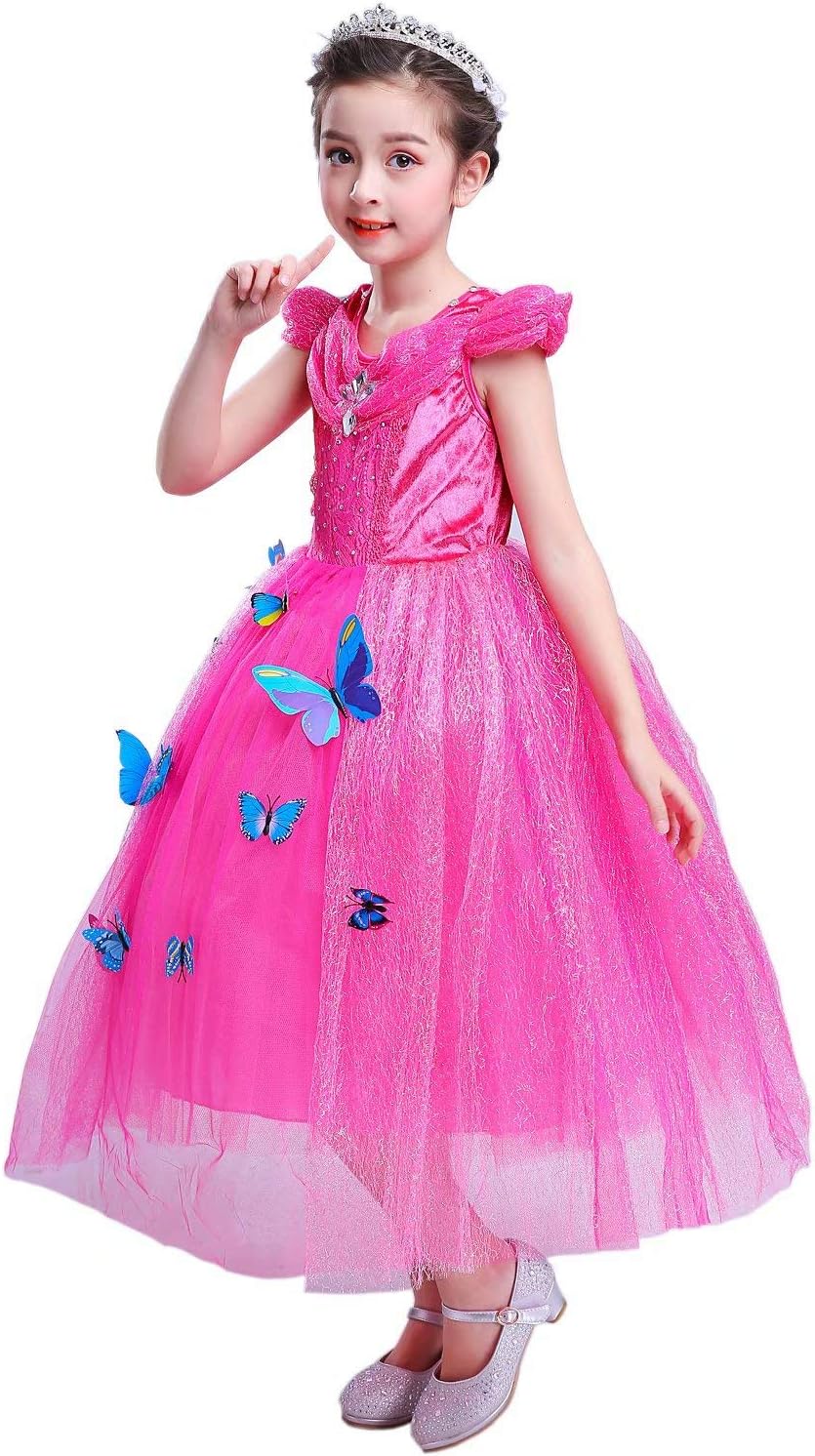 Hellogo プリンセスドレス コスプレ シンデレラドレス ロングドレス コスチューム 5点セット 仮装 お姫様 なりきり ワンピース クリスマス プレゼント ギフト 演奏会 イベント 正規品 パーティー ステッキの5点セット ティアラ 蝶々飾り ネックレス 誕生日 ピンク 結婚式