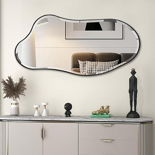 POZINO Irregular Beveled Mirror, 40"x20" Asymmetrical Vanity Wall Mirror with Black Metal Frame, Organic Shape Mirrors for Entryway Bathroom Bedroom Hallway Living Room, Horizontal/Vertical Hanging