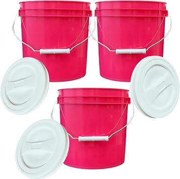 House Naturals 2 Gallon Food Grade - BPA Free Made in USA Buckets pails with Screw On Gasket Lids Pack of 3 Magenta - White lids
