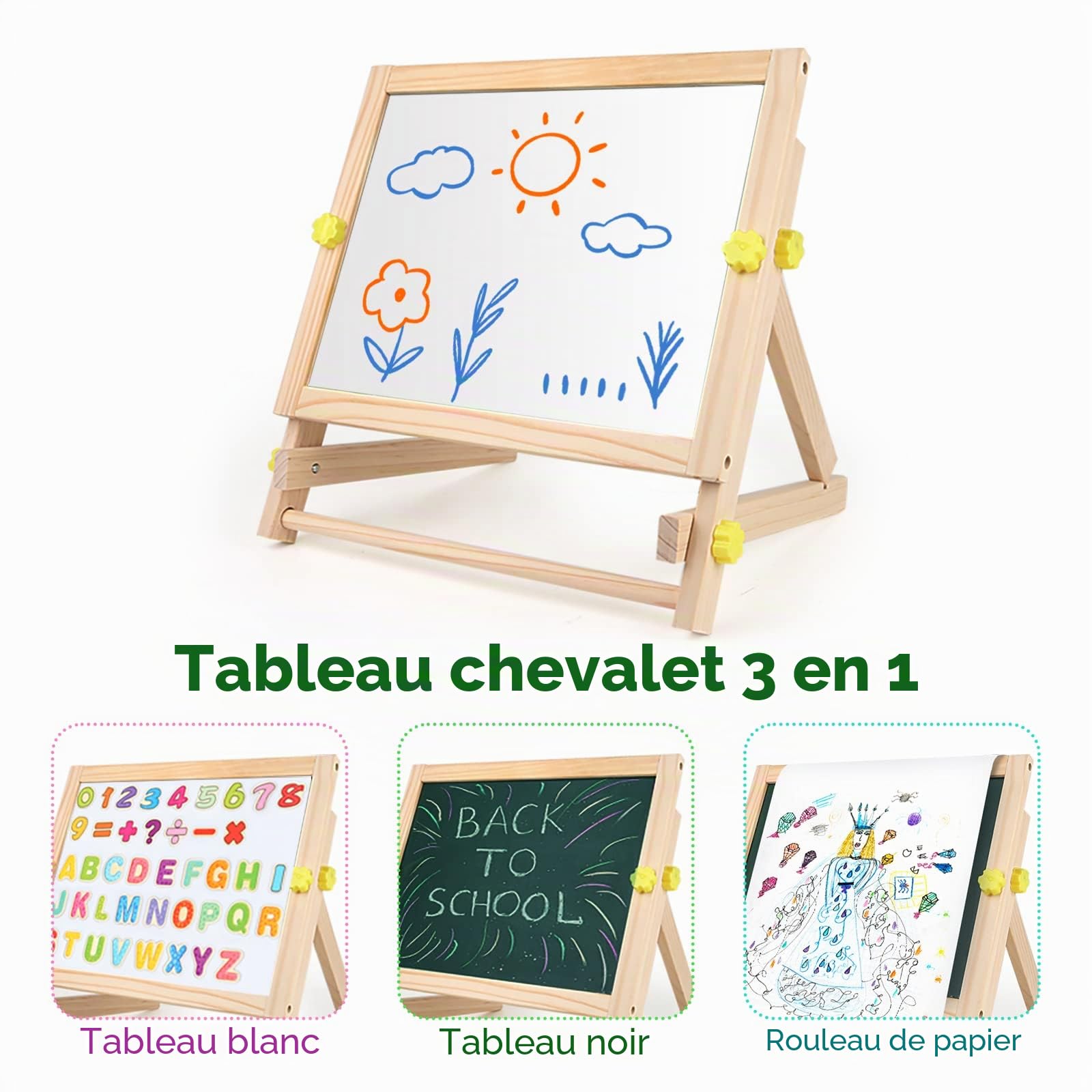 kramow Tableau Chevalet Enfant, 3 en 1 Double Face Magnétique Tableau Noir et Blanc avec Accessoires Alphabet Puzzle, Activités d'apprentissage, Jouet Educatif pour Enfants de 3-8 ans