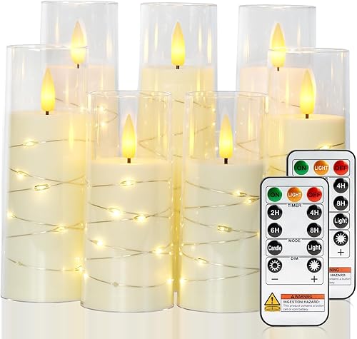 Raycare Velas LED sin llama con cuerda de estrella incrustada, 7 velas de pilar acrílicas a pilas con temporizador y control remoto, parpadeantes