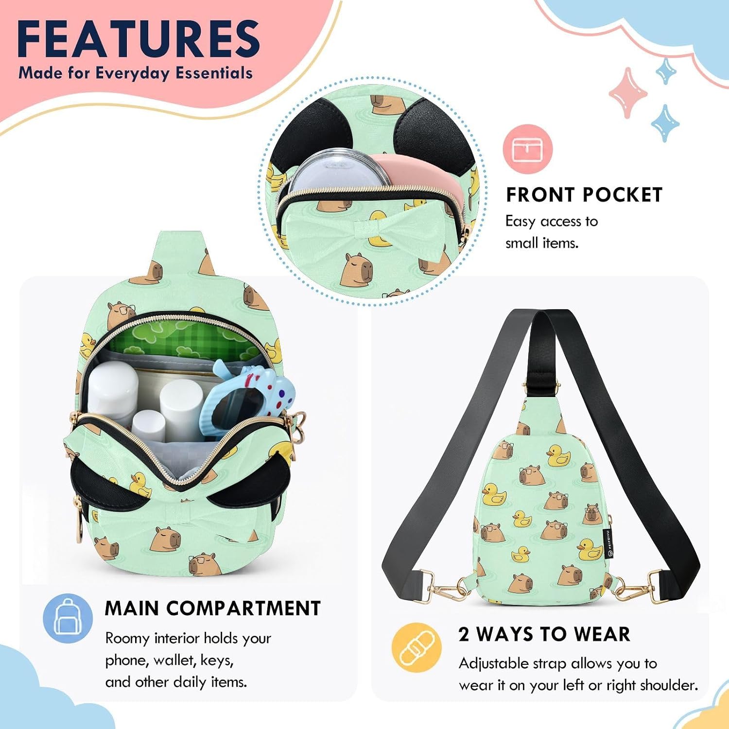 Sinestour Capybara Kids Crossbody Bags for Girls, 3.1"x7.5"x5.7" | Crossbody Fanny Pack, Toddler Purse, Cute Sling Belt Bag with Ears, 2L Small Shoulder Chest Bag for Travel
