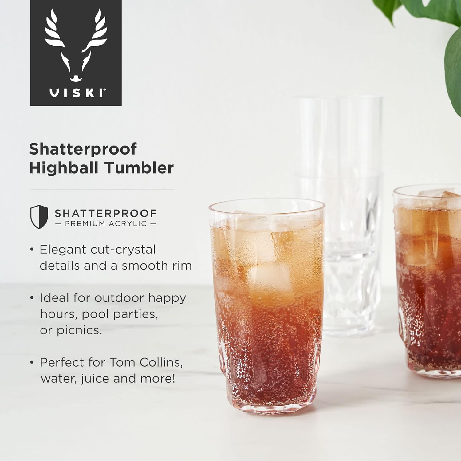 Viski Shatterproof Highball Tumblers, Faceted Acrylic Tall Drink Cocktail Glasses, Dishwasher Safe and Shatterproof, Clear 18 Oz Set of 4