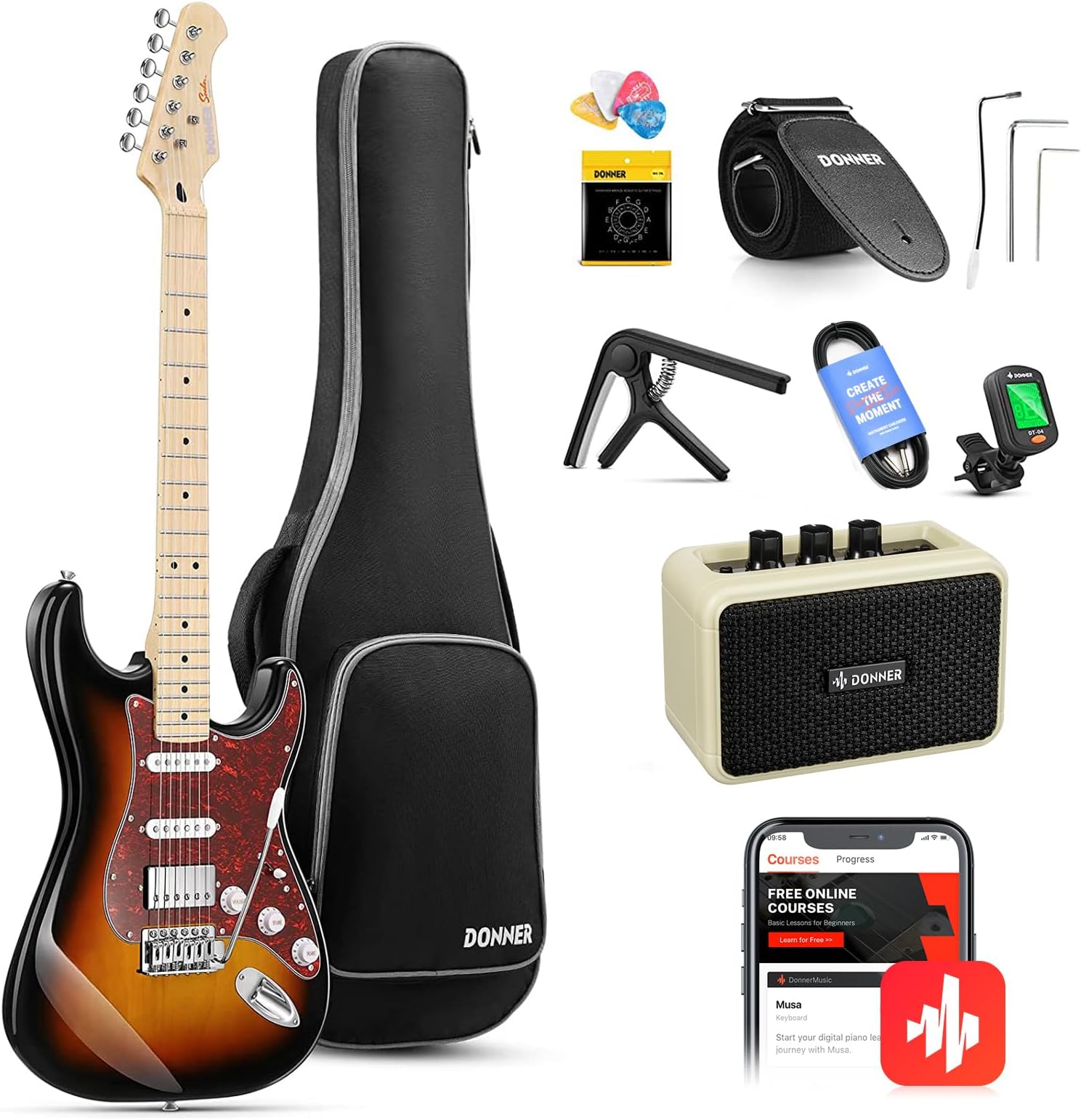 Electric Guitar, DST-152S 39" Electric Guitar Kit HSS Pickup Coil Split, Guitar Starter Pack for Adult Beginners with Amp, Bag, Accessories, Sunburst
