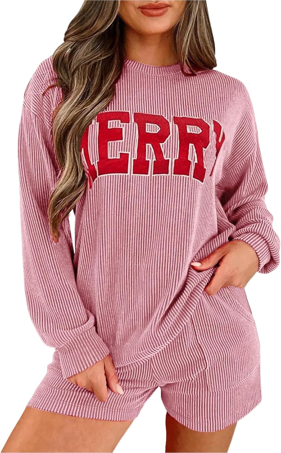 Women's 2 Piece Outfits Ribbed Knit Textured Matching Set Merry Christmas Lounge Sets Long Sleeve Top and Shorts