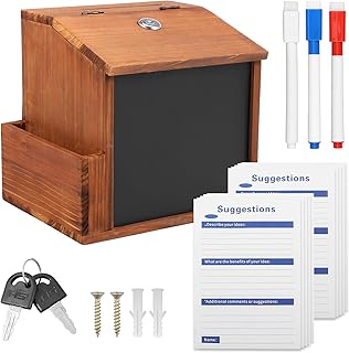 Wood Suggestion Box with Slot and Lock, Donation Boxes Tip Money Drop For Saving Fundraising,Prayer Ballot Comment, Countertop Wall Mounted with Chalkboard and Keys for Church,Wedding