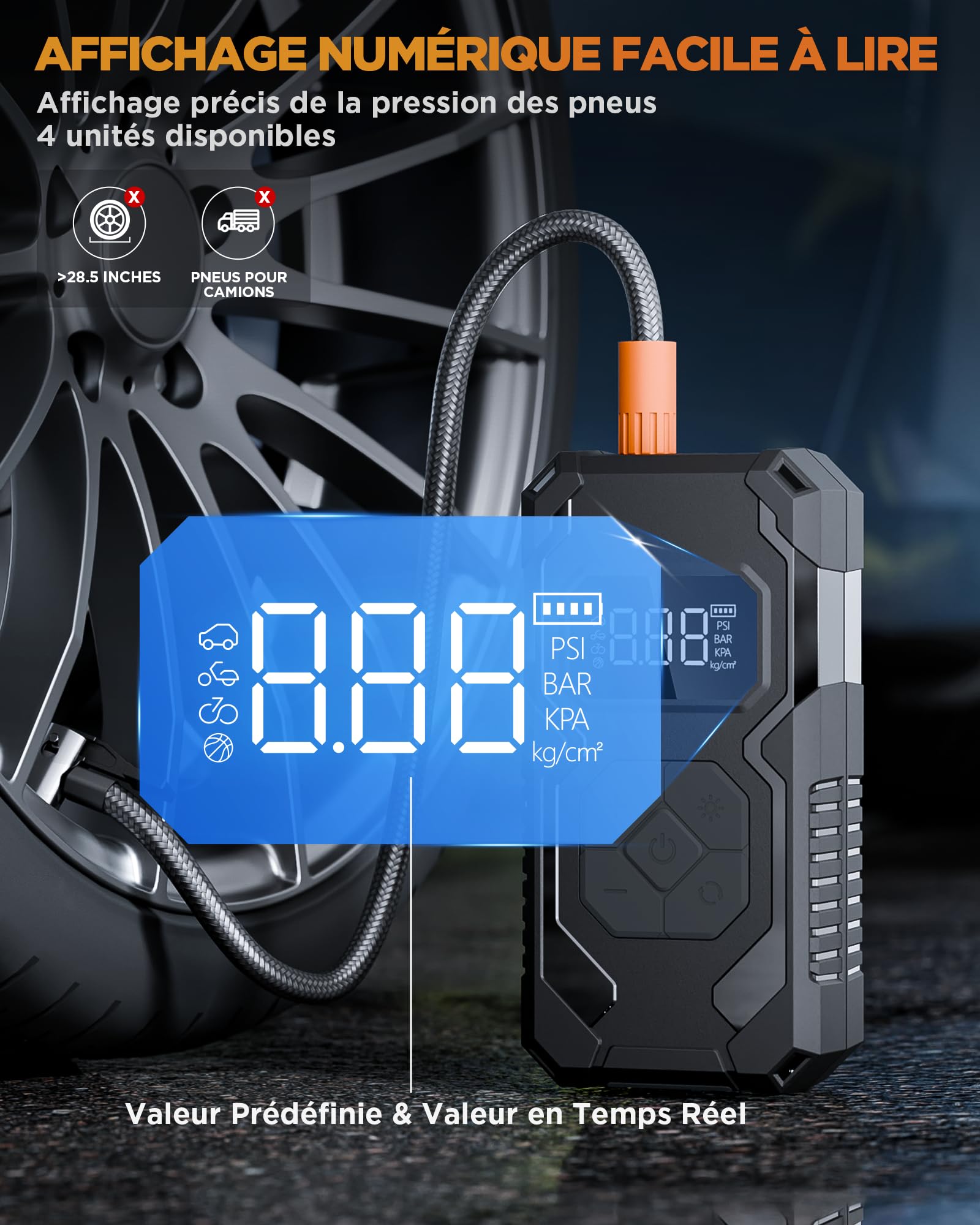 Gonfleur Pneus Voiture, Compresseur à Air Portatif sans Fil, 150 PSI (10,3 Bar), Pompe À Velo Électrique, Arrêt Automatique, LED, avec Tuyau de 60 cm, Noir
