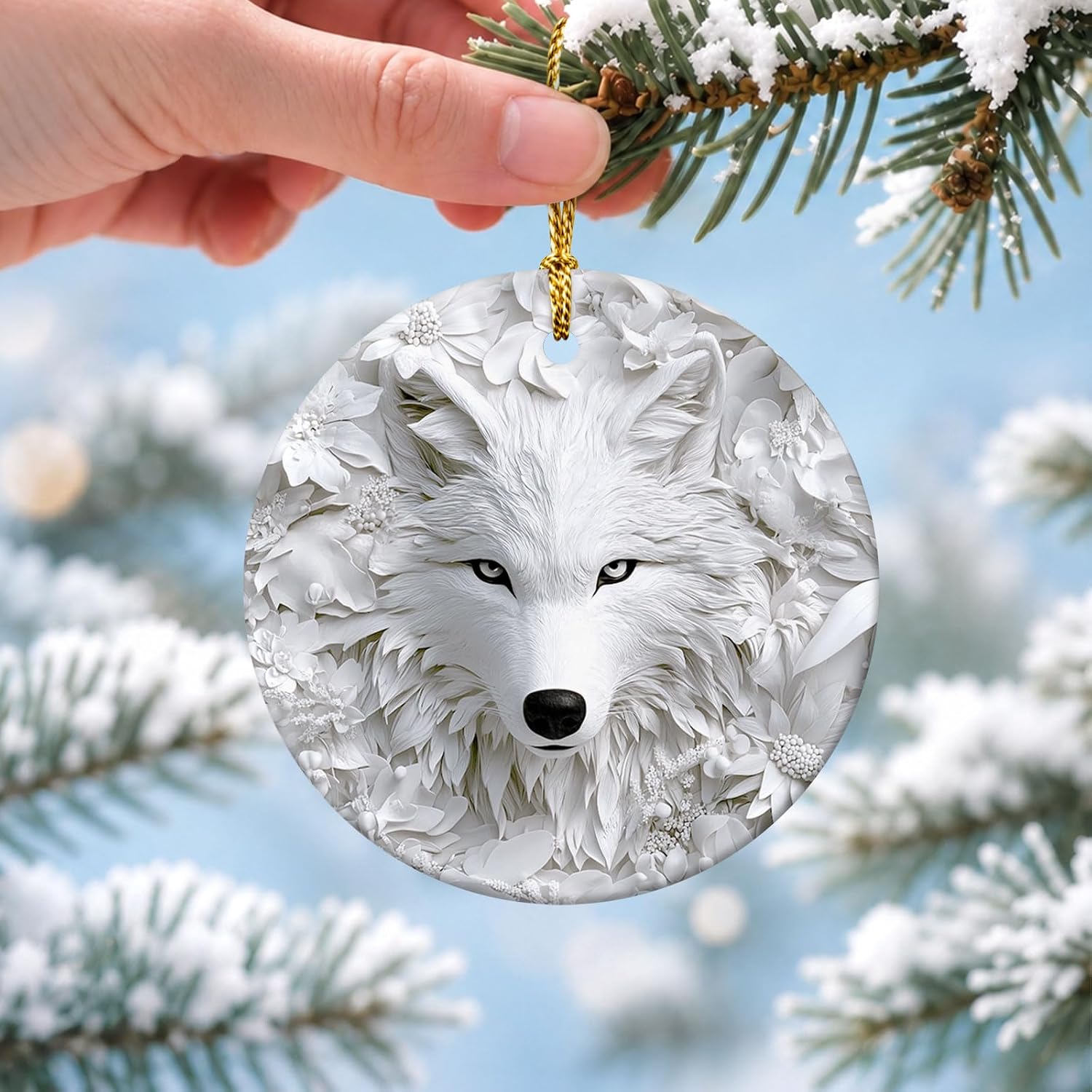 GENANY White Wolf Ceramic Christmas Ornament image 4