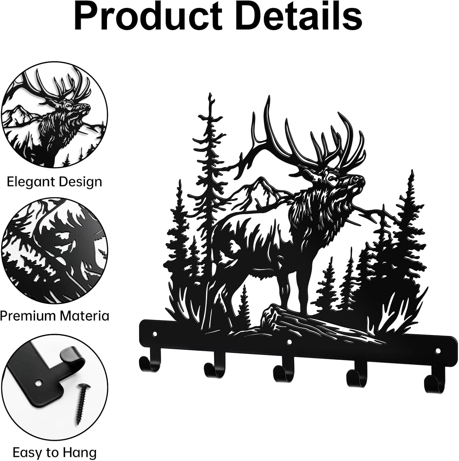 Deer Head Key Hanger Wall Mount-Rustic Metal Wall Hook with Mountain Forest Scene, Functional Deer Wall Decor for Entryway, Cabin, Hunting Lodge