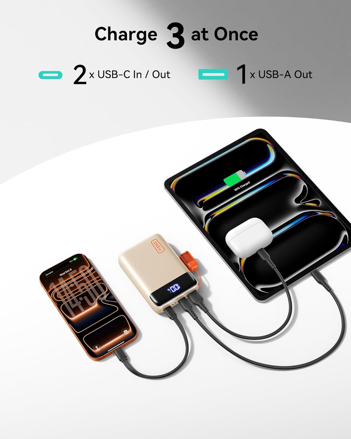 INIU Portable Charger simultaneously charging an iPhone, iPad, and AirPods using its USB-C and USB-A ports.