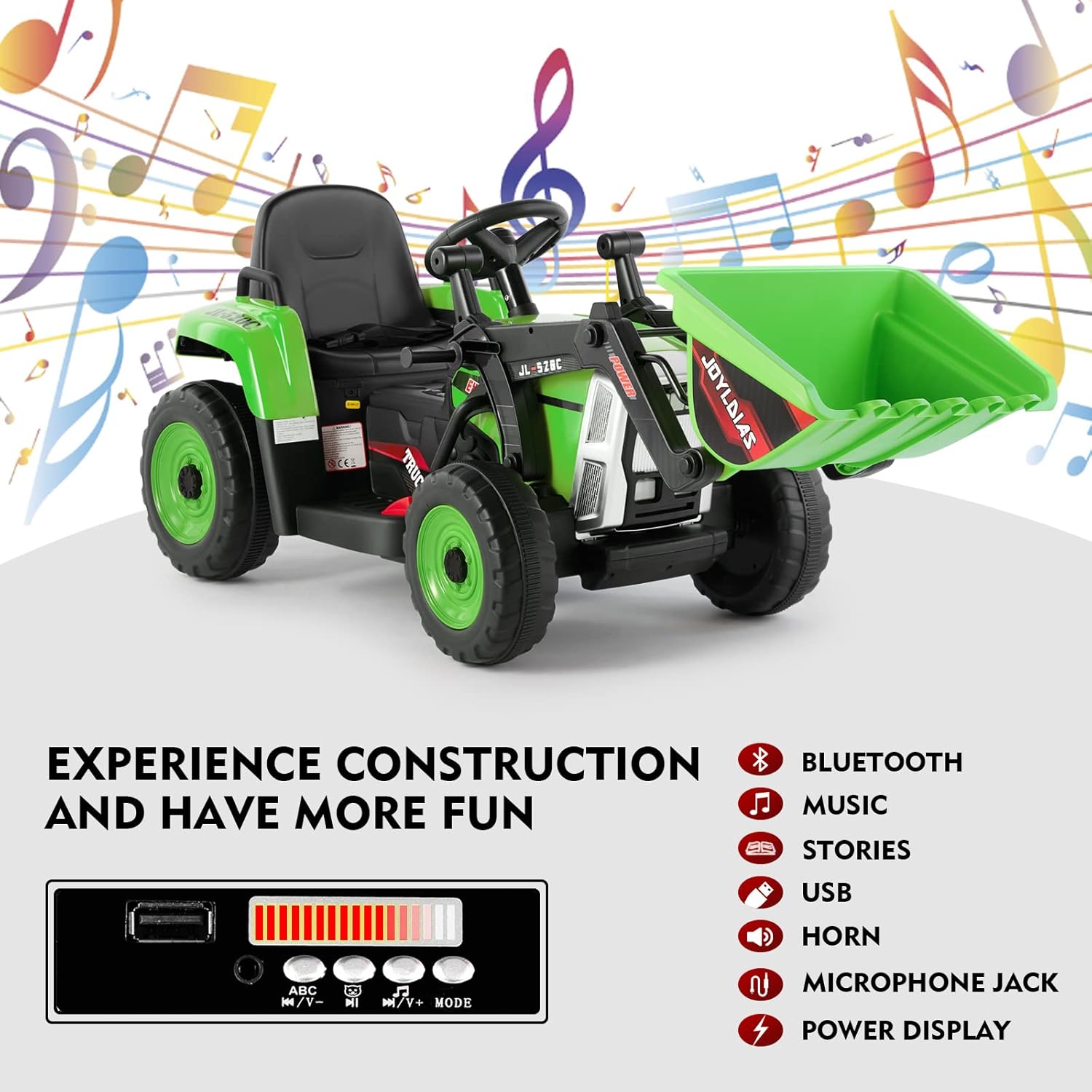 JOYLDIAS Ride On Excavator, 12V7AH Electric Car for Kids 3-8 W/2.4GHz Remote Control, Electric Construction Vehicle Bulldozer/Tractor for Kids Digger with 3 Speeds,Bluetooth,Music,Lights,Green