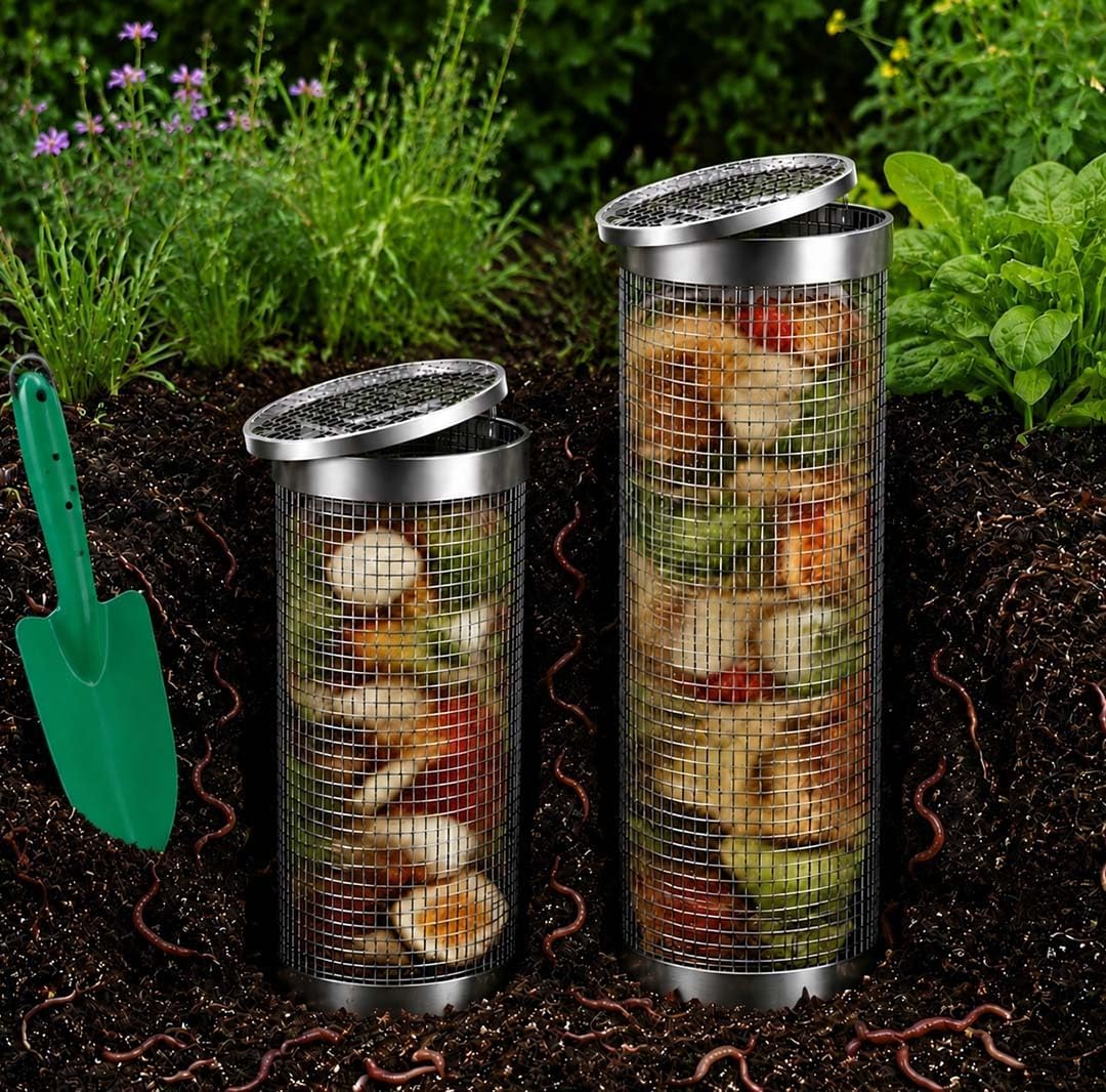 2 Pack Stainless Steel Worm Compost Bin, In Ground Compost Container with Lid and Garden Shovel, Underground Vermicomposting System for Kitchen Scraps Recycling, Outdoor Garden Use