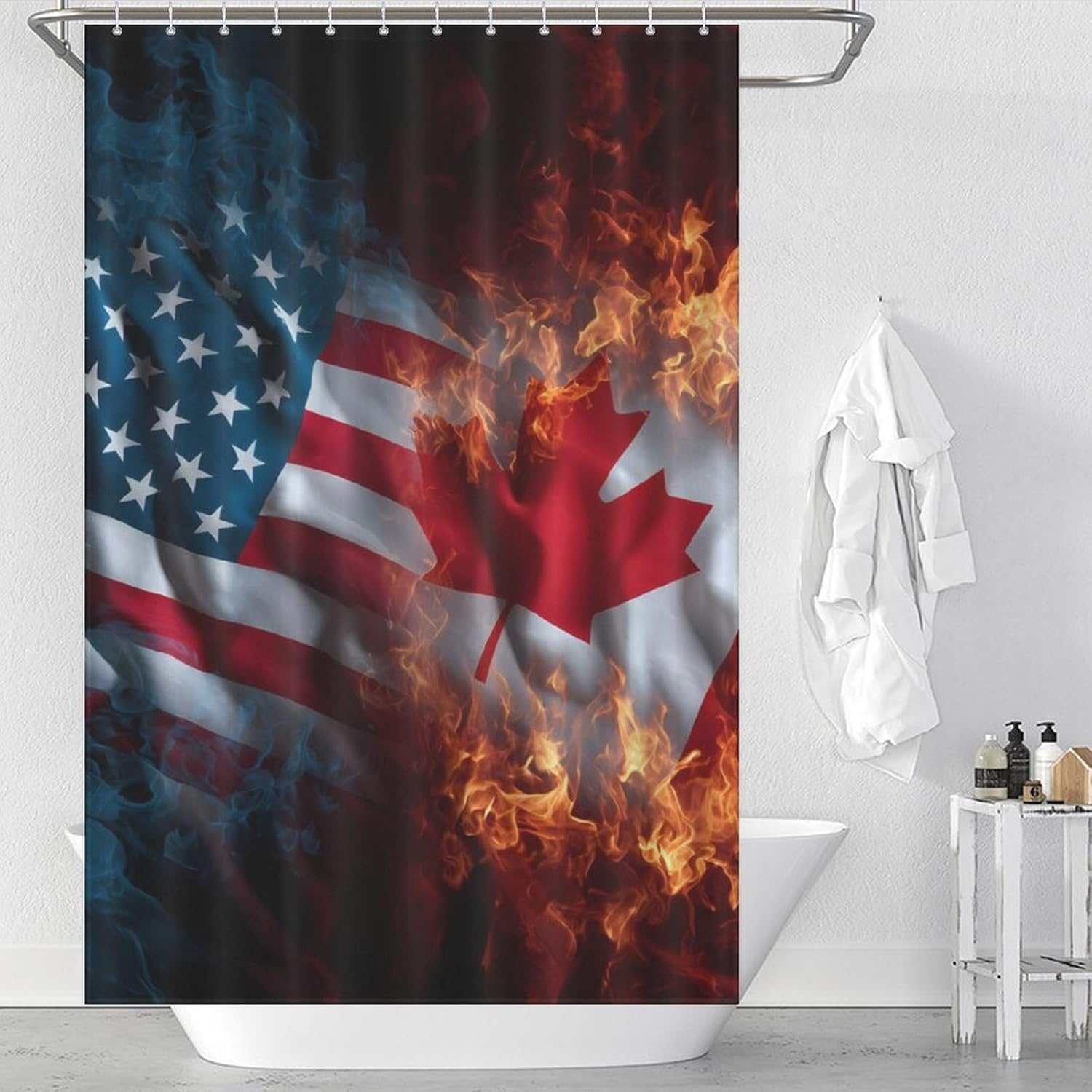 Canada US Fire Flag Shower Curtain 46.85x70.87Inch（119x180cm） Polyester Bath Curtain Shower Curtains Printed Decorative
