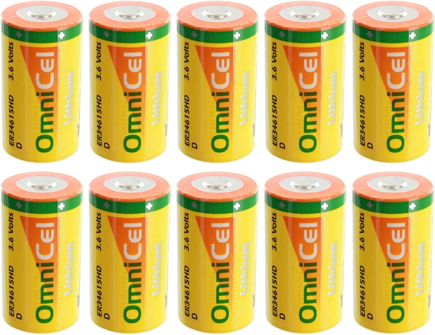 Omnicel 10x ER34615HD 3.6V 13Ah Size D Lithium Standard Terminal for Smart Munitions, Unattended Sensors, RFID Tracking, Asset Tracking, Theft Prevention, Locator Beacons