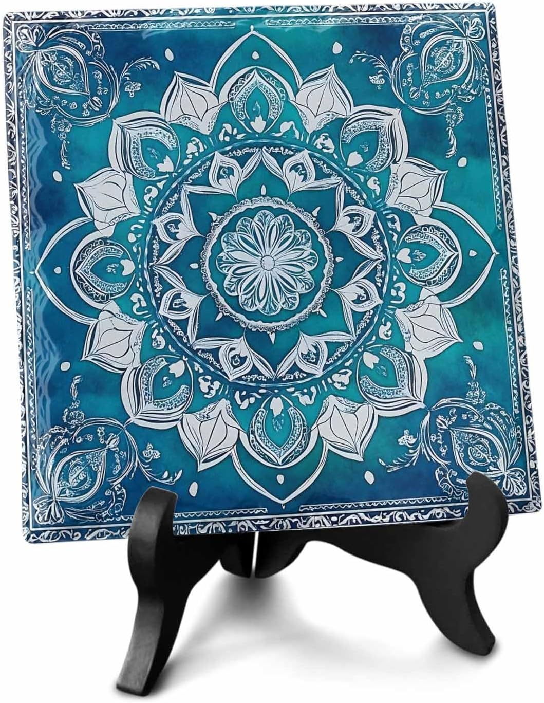 Turquoise Boho Desk Ceramic Ornament Decoration,Ethnic Country Abstract Floral Aesthetic Picture Photo Frame Art Diy Family Halloween Ornaments Artwork for Crafts Newlyweds Living Room Bedroom Office
