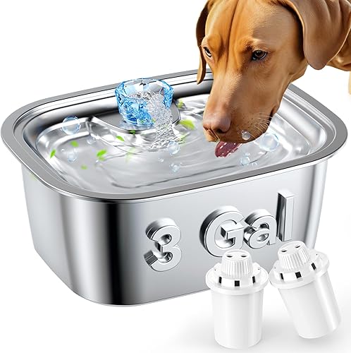 Dog Water Fountain, 3 Gallons11L Stainless Steel Dog Water Dispenser for Pet Water Fountain with 2 Pack Vertical Filter,Large Capacity Automatic