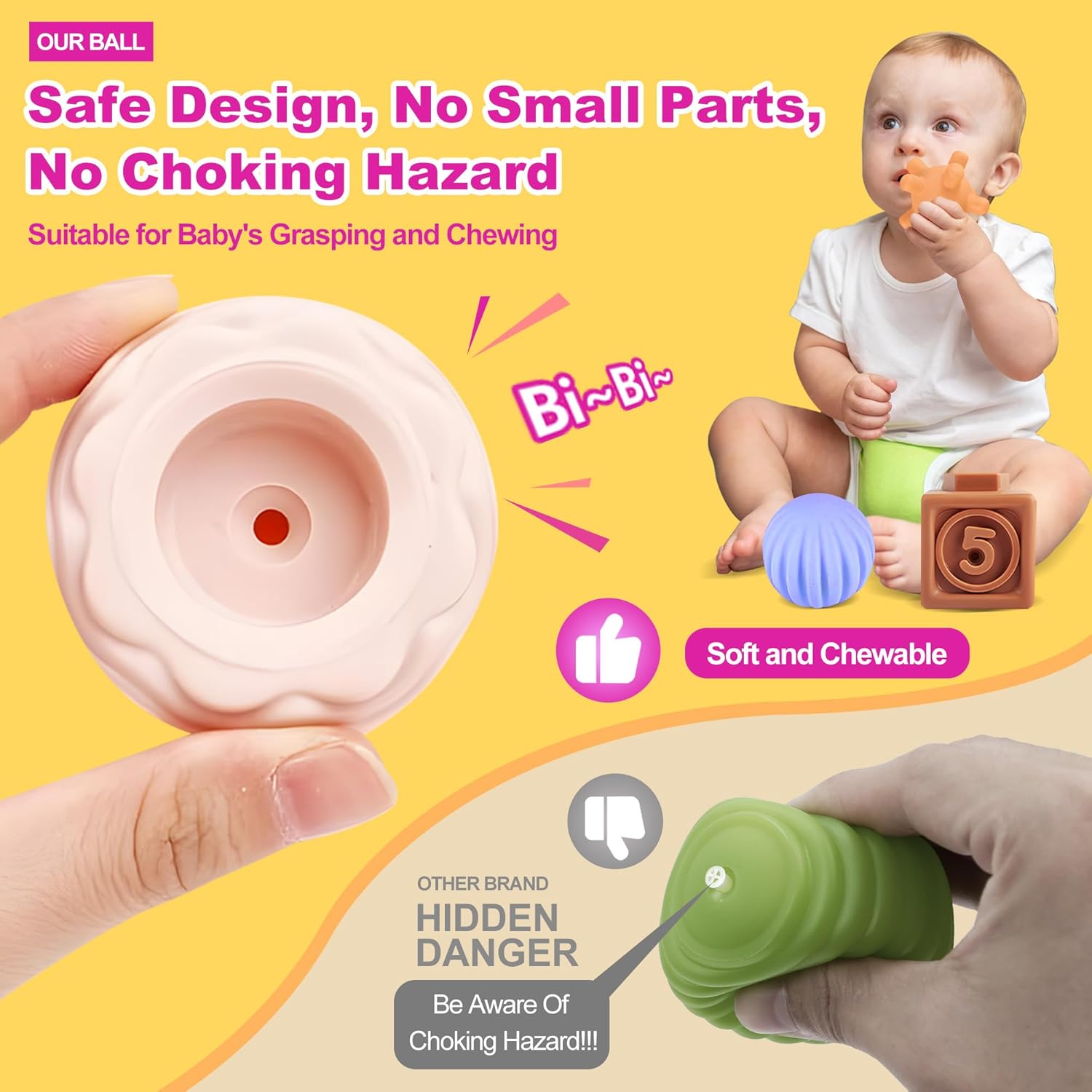 Montessori Toys for Babies, 3 in 1 Baby Toys 6 to 12 Months - Stacking Blocks & Sensory Balls & Soft Teething Rings, Newborn Learning Toys Activity Gifts for Toddlers 3-6-9-12 Months, 18PCS