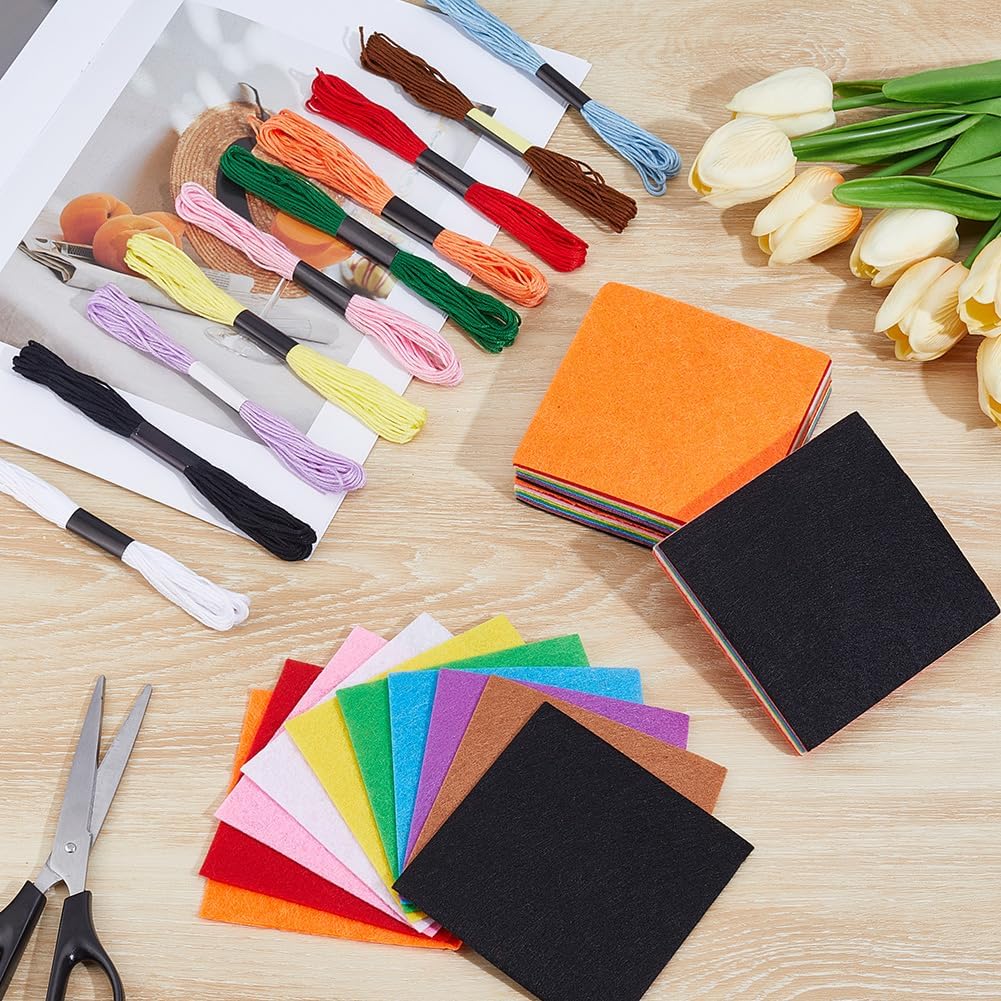 40Pcs 1MM Mixed Color Felt Sheets Craft Kit Thick Square Felt Fabric Sheet Kits with 10 Skeins Cross Stitch Cotton Embroidery Floss Thread Set for Sewing Patchwork Project Decor DIY Supply image 4