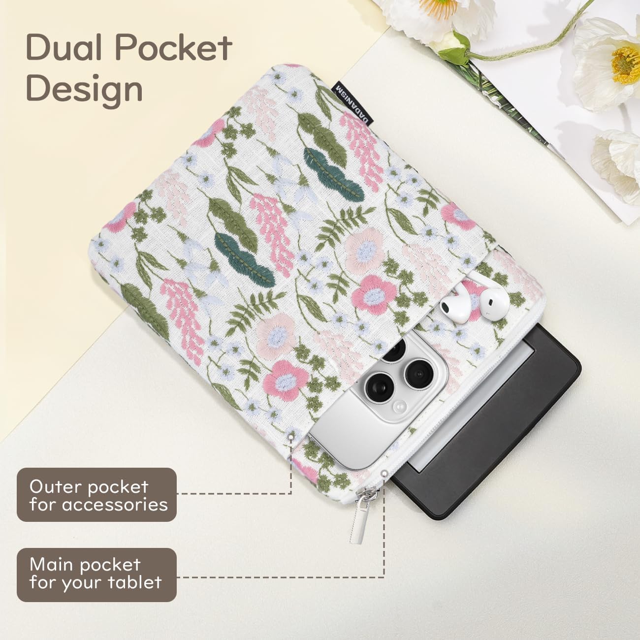 Dadanism 6-7 Inch Embroidered Flower Padded Sleeve for All-New 7" Kindle Paperwhite, 7" Kindle Colorsoft, 6" Kindle, Protective Sleeve Case for 6" Kobo Clara BW/Colour E-Reader, Lavender