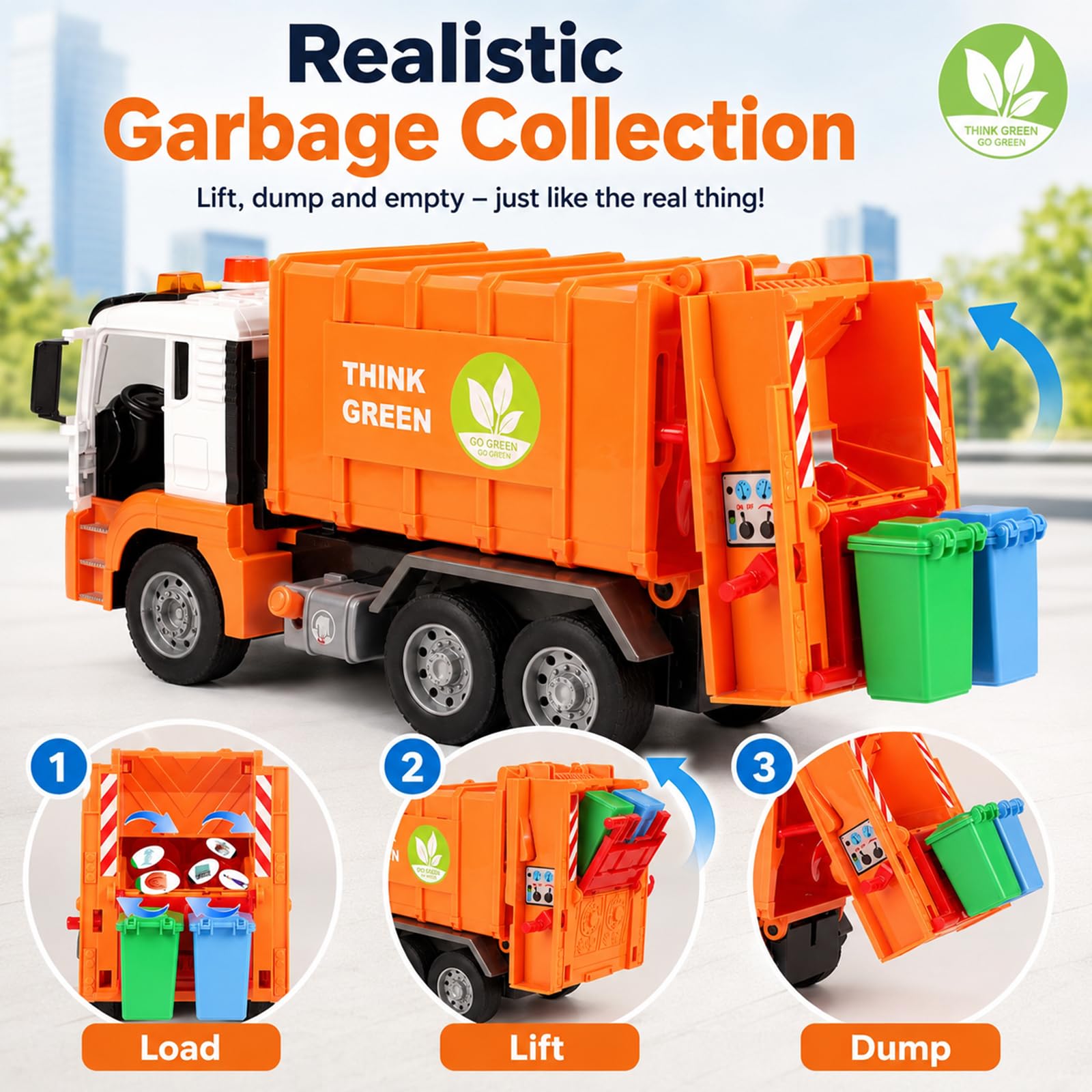 BunnyJOY Müllauto Spielzeug ab 3 4 5 6 Jahre Junge, Große Müllwagen Spielzeug mit Mülltonnen, Spielzeugautos Fahrzeuge, Geschenk Lernspielzeug für Kinder, Orange