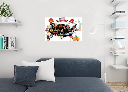 Vista 7 de Dibujos animados mapa de los Estados Unidos Estados Unidos con símbolos – Póster