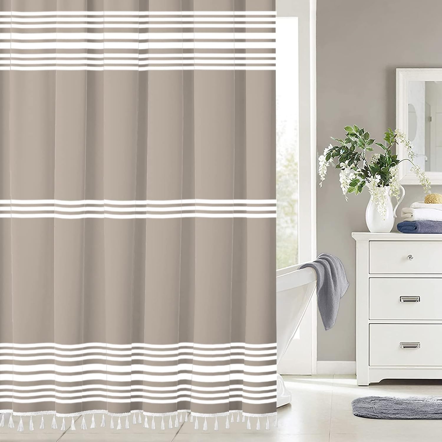 Seasonwood Beige Shower Curtain Modern Farmhouse Striped