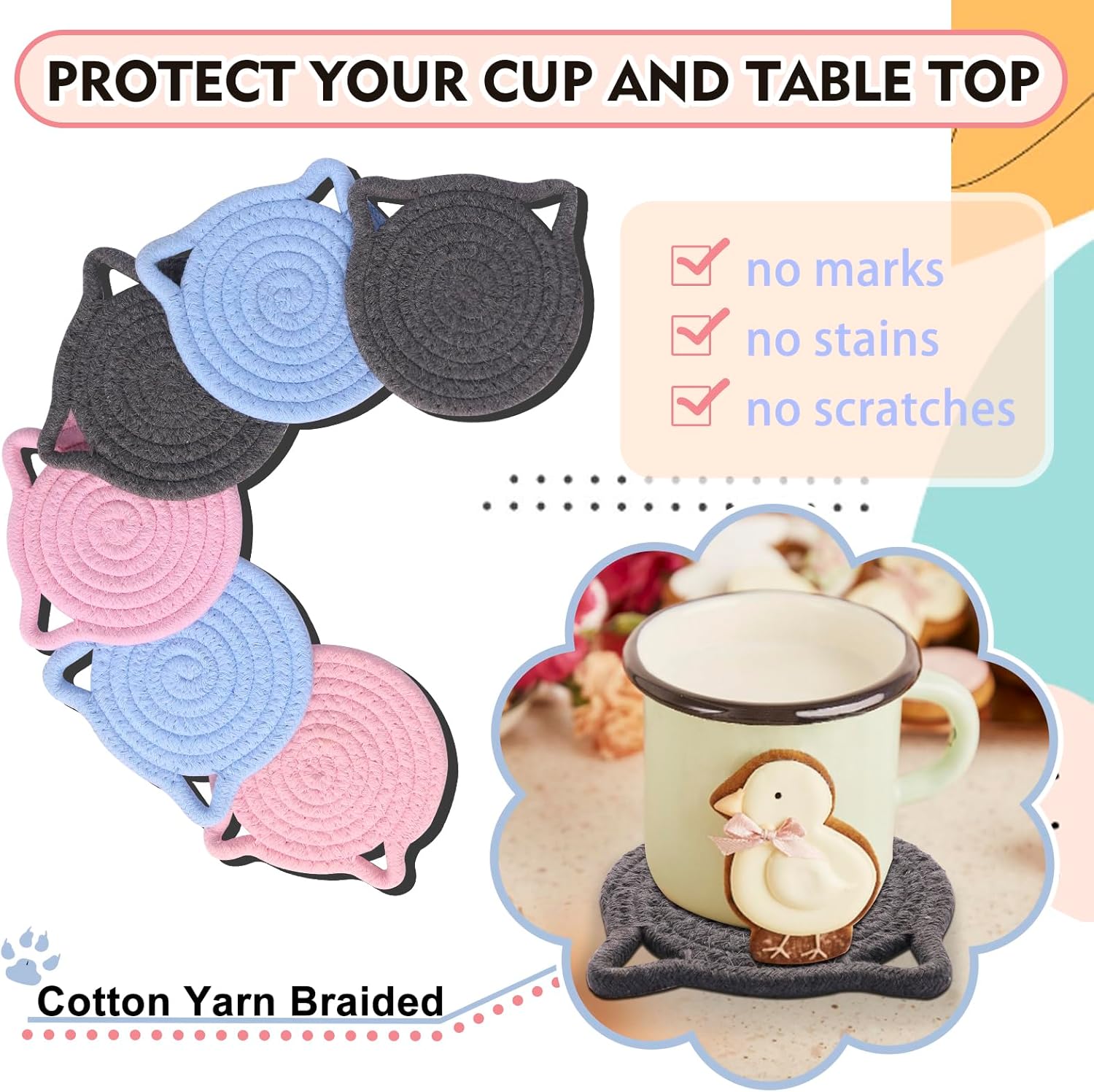 Cute Coasters for Drinks Set of 2, Absorbent Handmade Fabric Drink Coasters for Coffee & Tea -Home Décor Extra Large 4.8 in* 8mm, Protect The Wooden Table Surface (2 Pack-Cat-Ash Gray) - Image 4