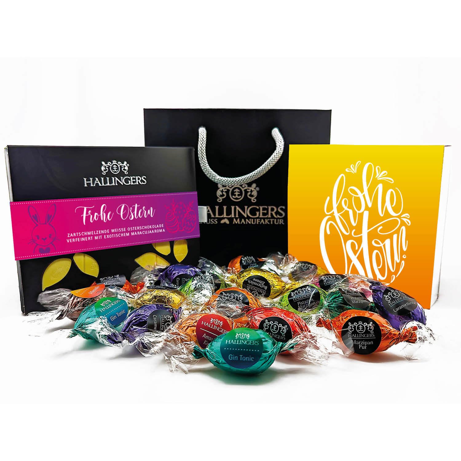 Hallingers Genuss Manufaktur Feinkost Oster-Geschenk-Set - XL-Geschenkkorb "Easter Bag yell..." großes Osternest 1 Schokoladen-Tafel, 9 Trüffel & 20 Pralinen-Ostereier, Ostern Körbchen für Frauen