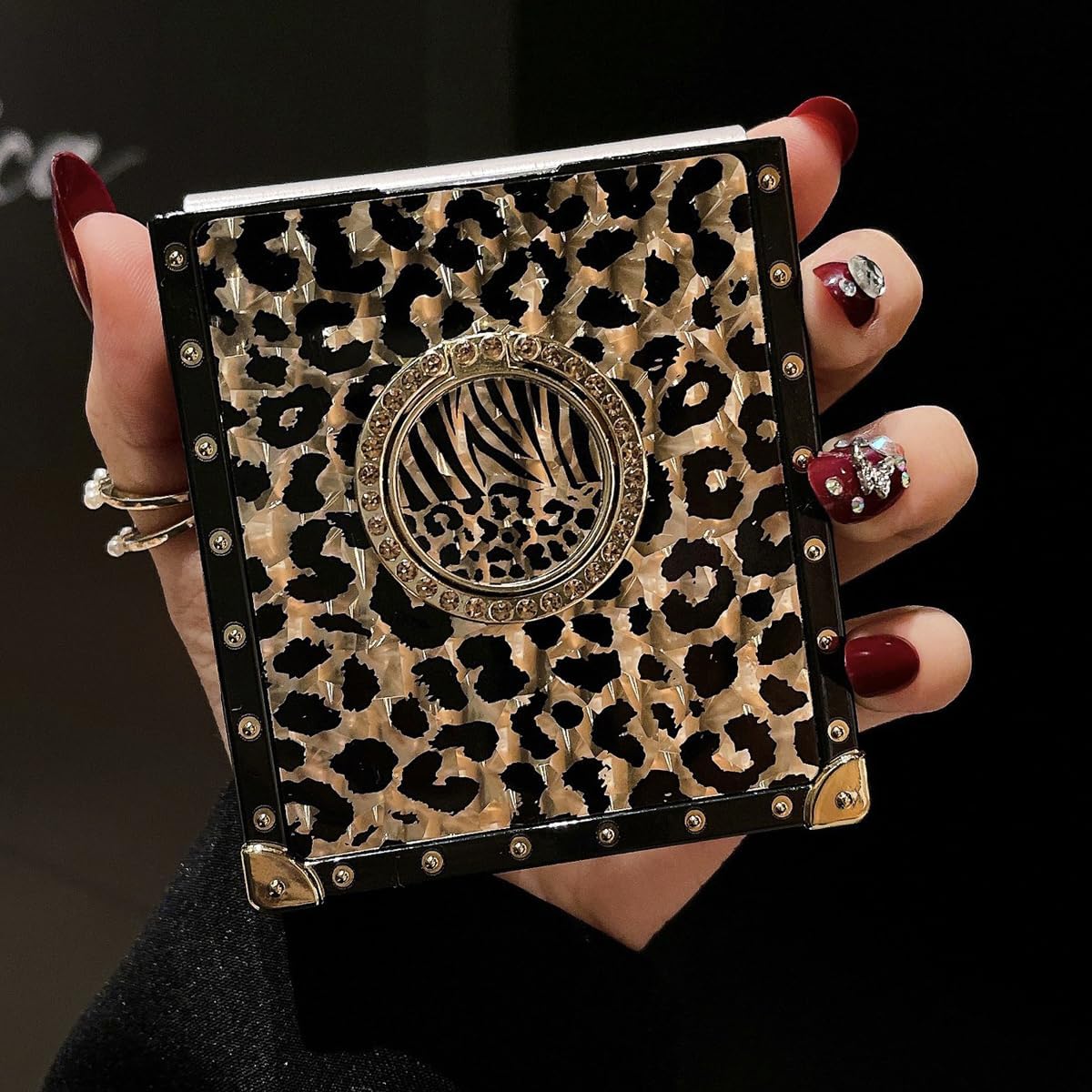 for Samsung Galaxy Z Flip 7 Leopard Case with Rhinestone Ring Stand Holder Black Cheetah Print Shockproof Protection Sparkle Bling Cover for Women Girls, Black Leopard