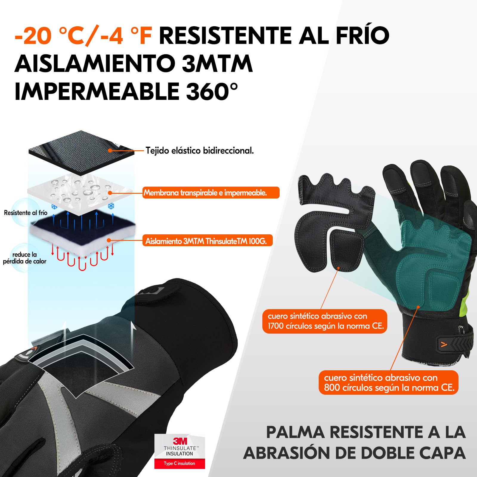 Vgo... 2 pares Guantes Invierno Hombre Impermeable -20 ℃, Touchscreen Guantes de Trabajo Frio Extremo para Carpintería Almacén Jardineria Scooter Montaña