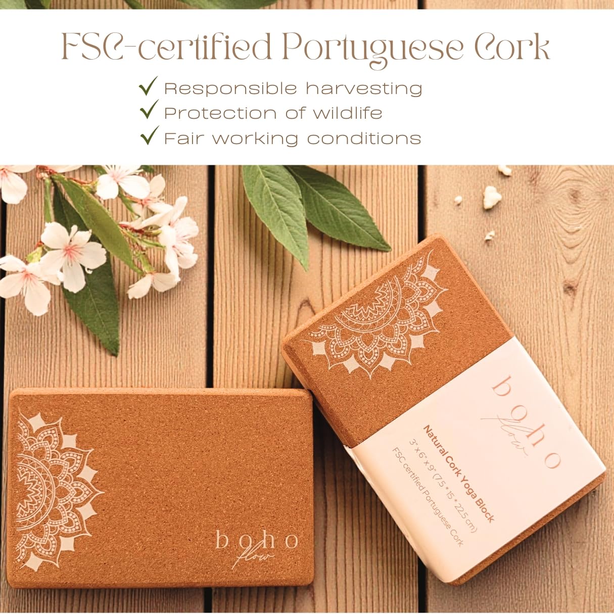 Yoga-Blöcke aus Kork, 2 Stück, 22,9 x 15,2 x 7,6 cm, FSC-zertifizierter, portugiesischer Kork, Yoga-Blöcke mit Yoga-Gurt und Tragetasche, rutschfest, umweltfreundlich und langlebig