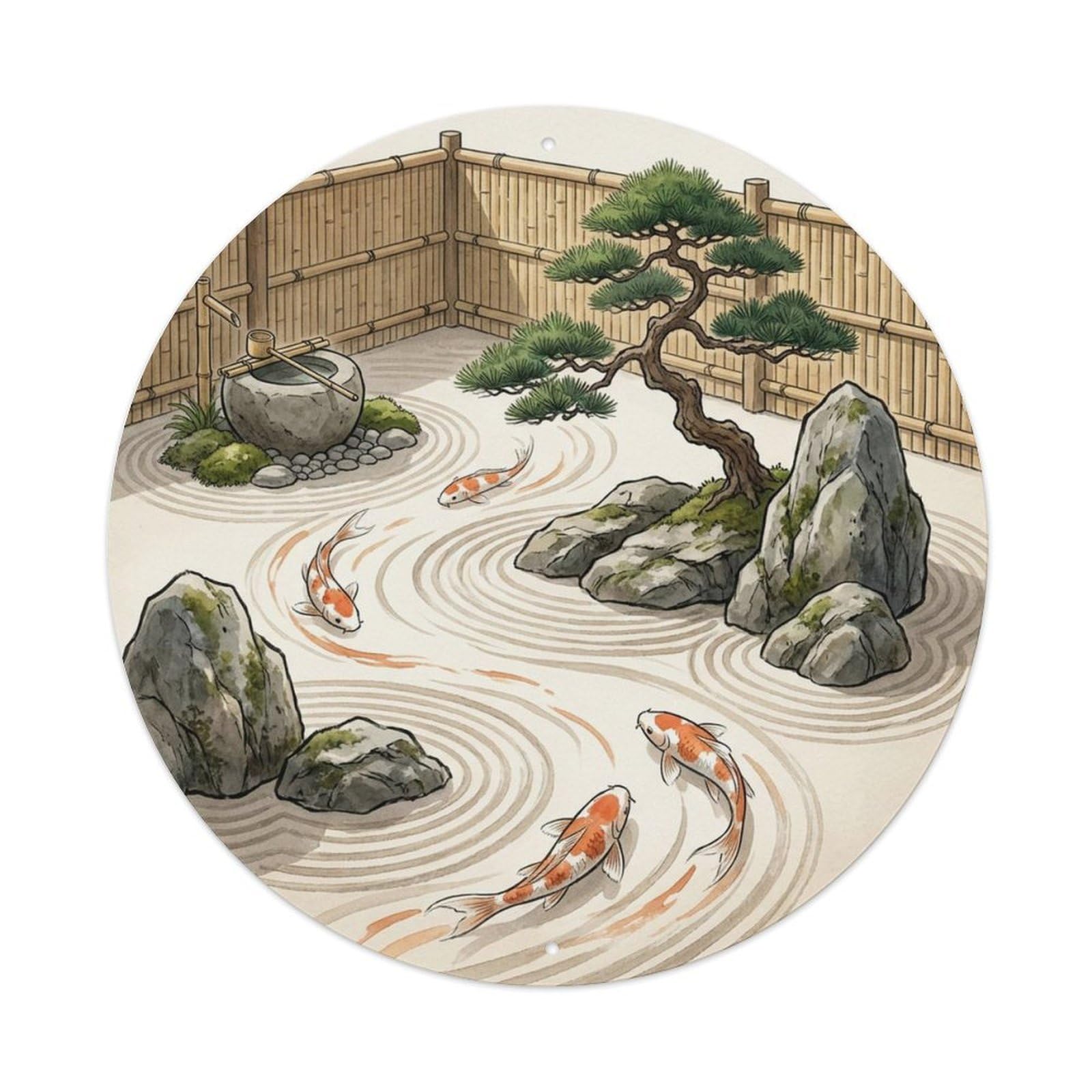 Olyhtr 8X8inch Classic Style Zen Koi Garden Pond Water Rock Harmony Raked Vintage Metal Tin Sign
