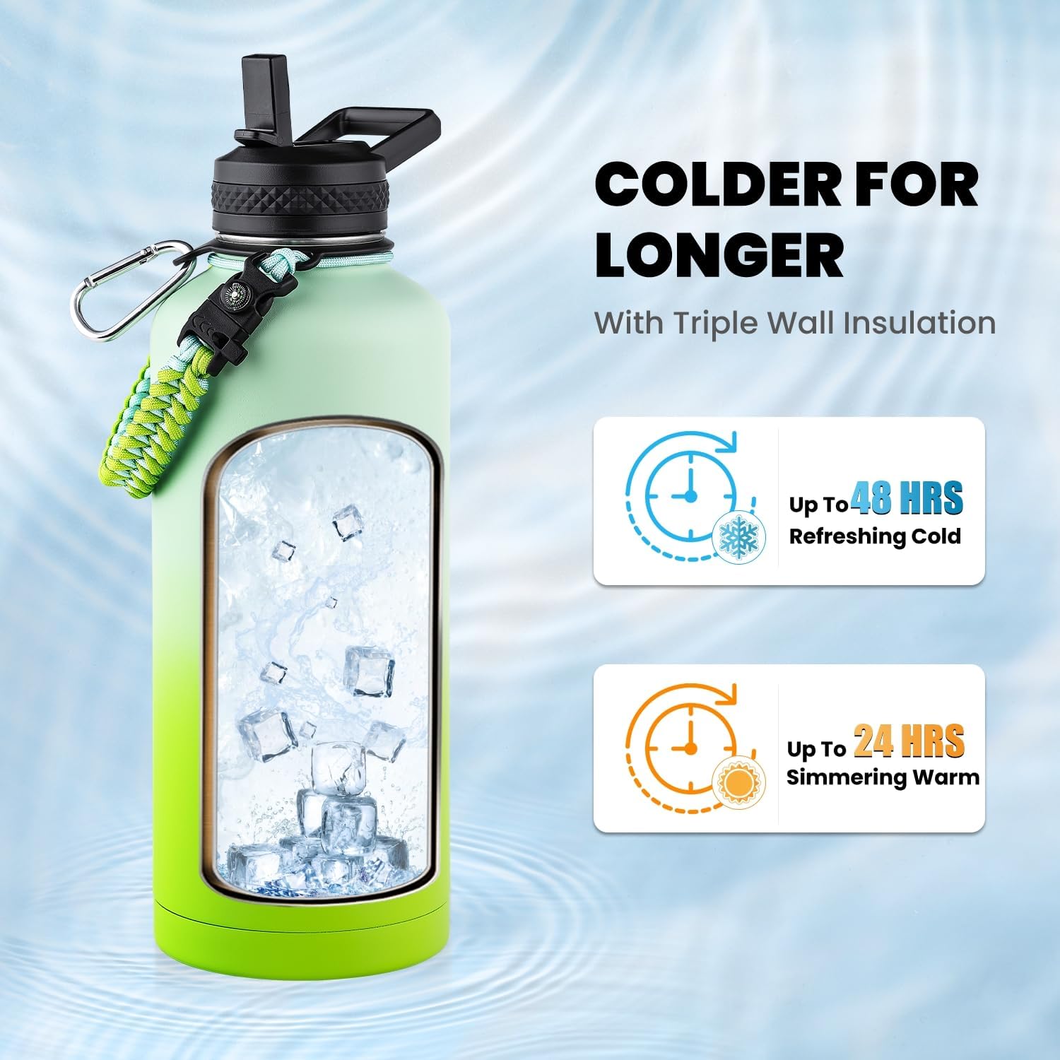 Insulated Water Bottle 64 oz, Triple Wall Vacuum Stainless Steel (Cold for 48 Hrs), Leak Proof & Non-BPA, Half Gallon Water Flask Jug with Paracord Handle & Straw Spout Lids, Dark Gray