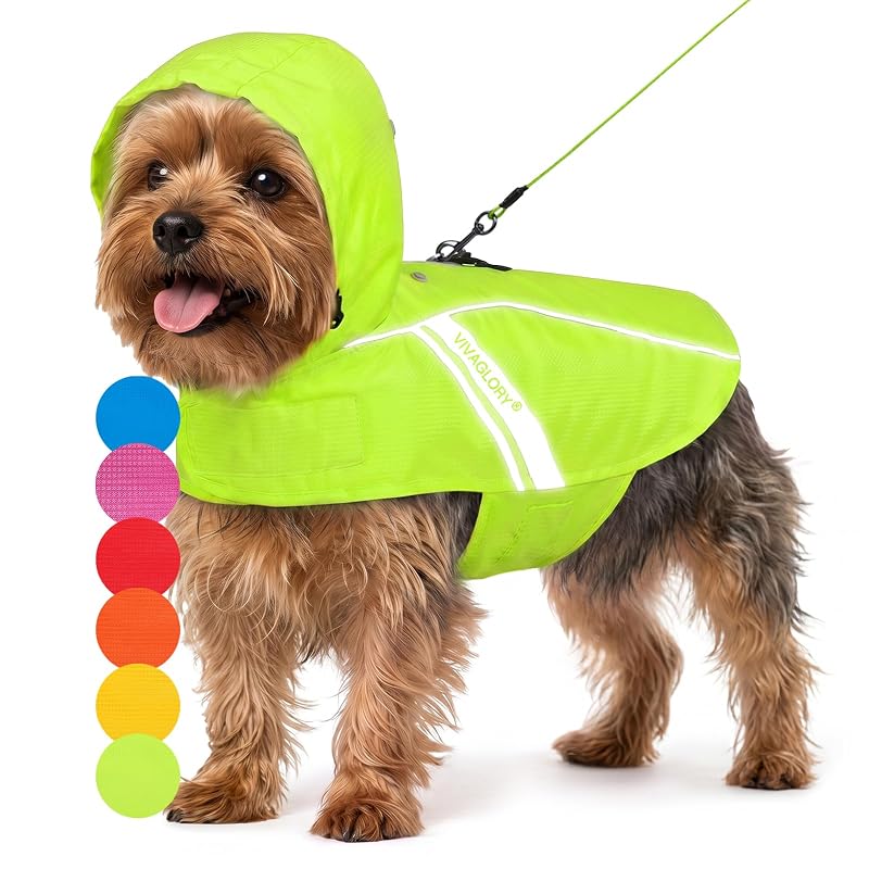 Capa de chuva para cães VIVAGLORY em poliéster com capuz ajustável e faixa refletiva, Bright Yellow, XS