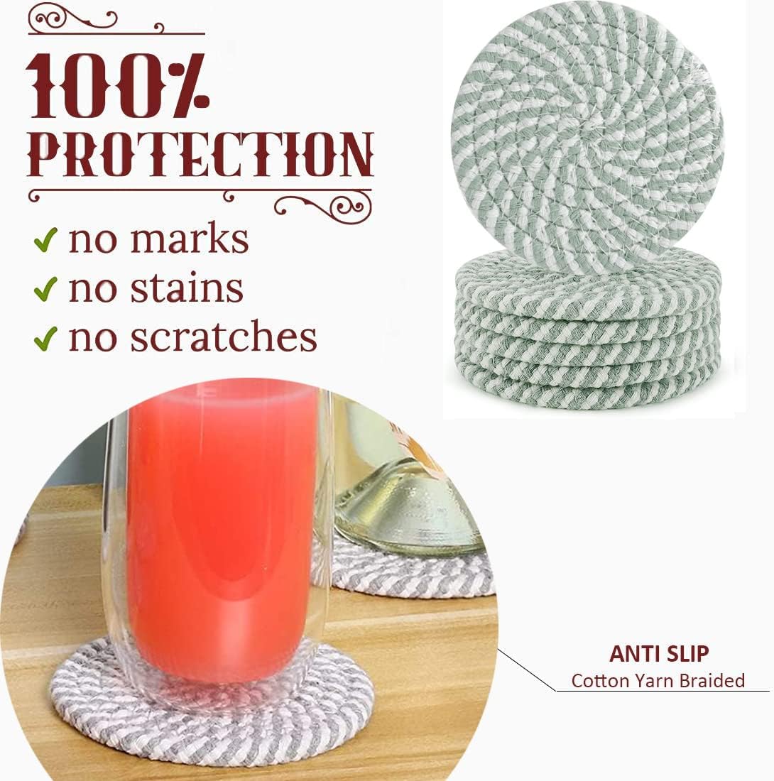 Absorbent Drink Coasters Handmade Braided Drink Coasters 6 Pack (4.3 Inch, Round, 8mm Thick) Super Absorbent Heat-Resistant Coasters for Drinks Great Housewarming Gift (Mixed-Green) - Image 4