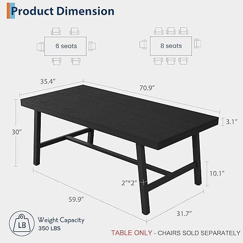 Miniatura 2 de GarveeHome Mesa de Comedor Industrial para 6-8 Personas, Mesa de Cocina de Madera de 70.87" de Largo con Marco de Metal Resistente y Acabado Negro