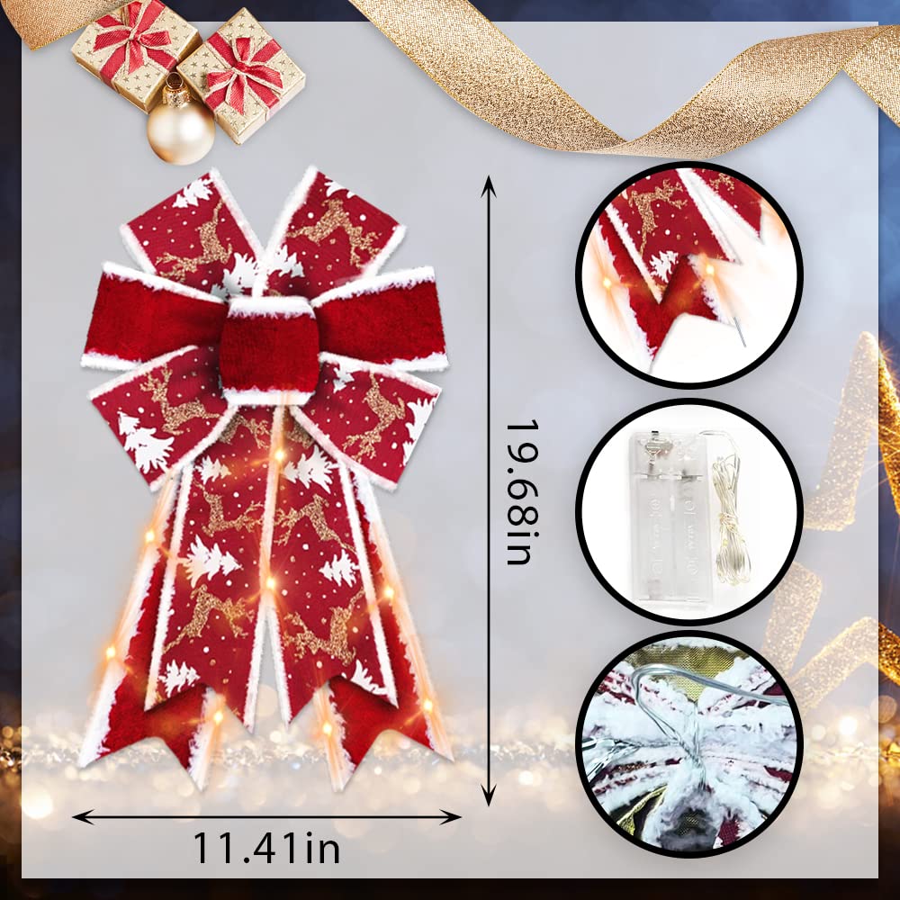 Estivaux 2 PCS LED Christmas Bows for Wreath, Christmas LED Wreath Bows Winter Holiday Snowflake Bows Red Velvet Bows Xmas Trees Bows for Front Door Merry Christmas New Year Decorations Suppies