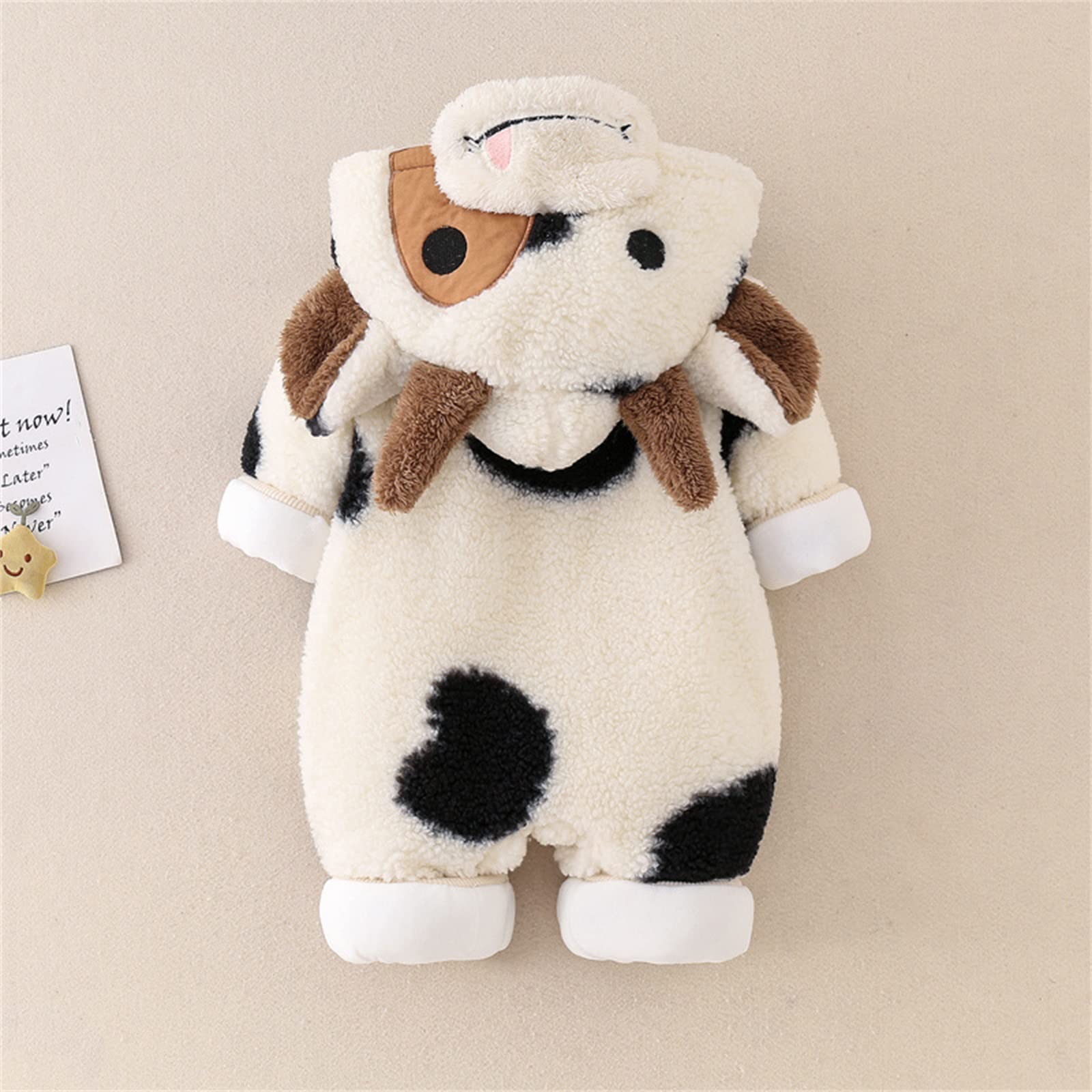 Baby Mädchen Jungen Tier Kostüm Winter Plüsch Overall Langarm Cartoon Cow Print Zipper Hooded Strampler Halloween Baby Kostüme Kleinkind Onesie (Beige, 12-18 Months)