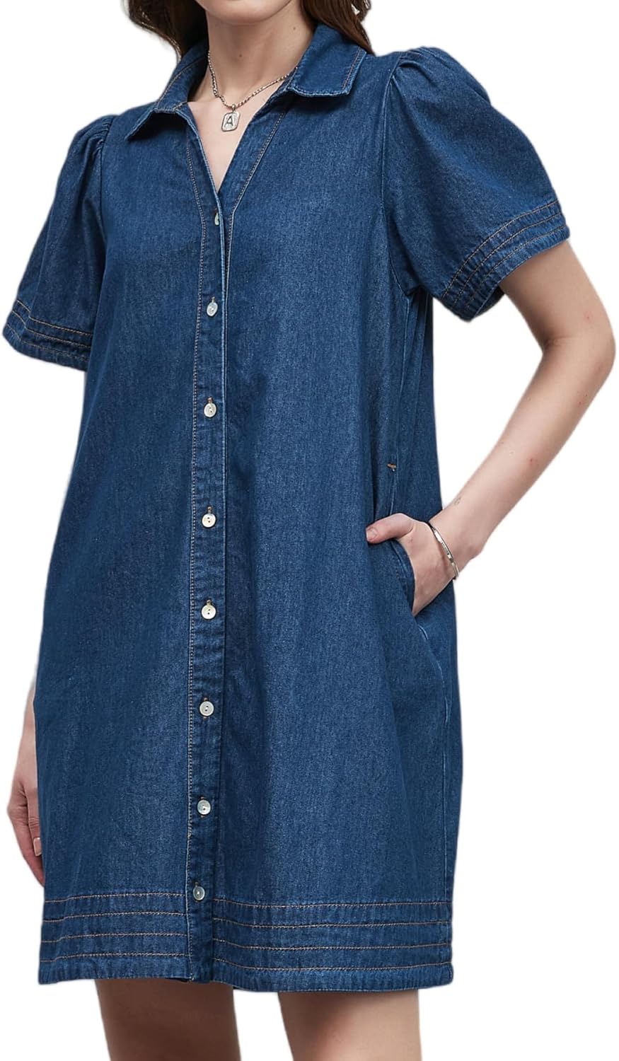 Women Denim Shirt Dress Summer Casual Short Sleeve Button Down V Neck Loose Jean Mini Dress - Image 2