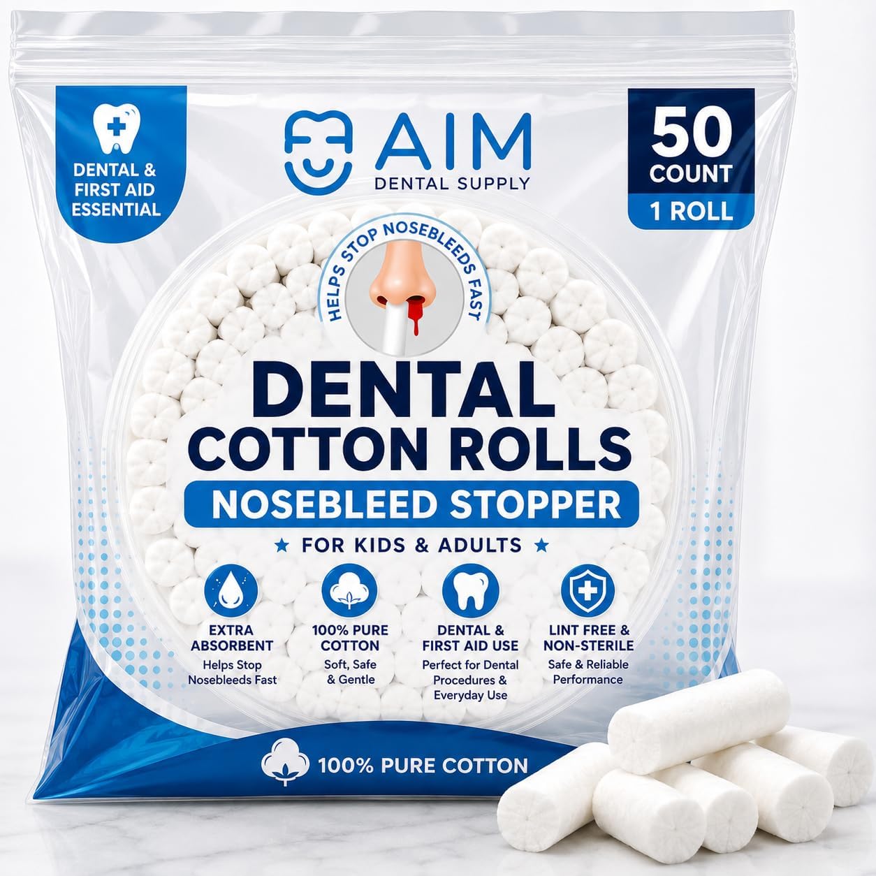 Cotton Rolls - Nose Bleed Stopper - Nose Bleed Plugs for Kids or Adults - Highly Absorbent Gauze Rolls & Cotton Roll - Non Sterile 1.5 Inch Rolled Cotton Pads (Pack of 50)