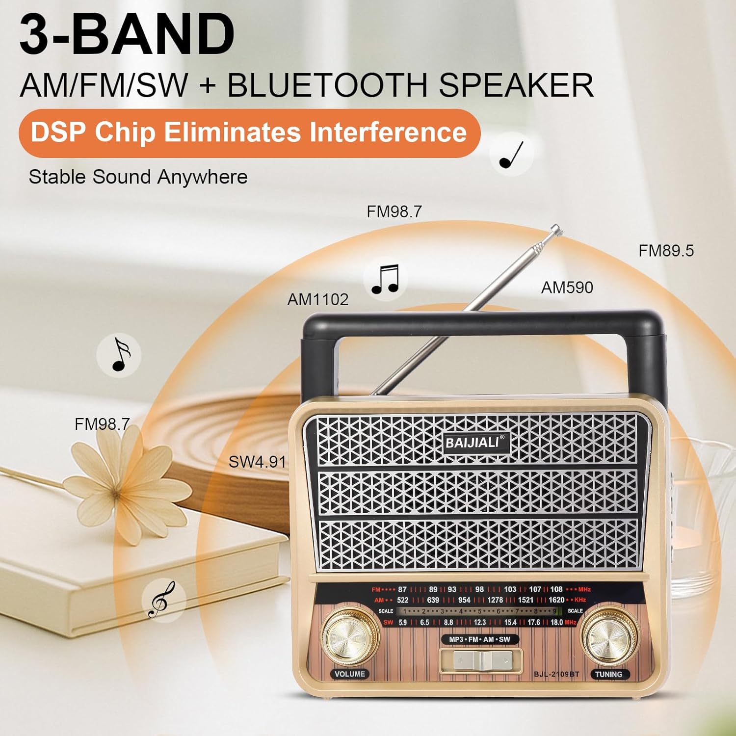 Portable AM/FM/SW Emergency Radio with Bluetooth - Vintage Battery Operated Radio, AC/D Battery, TF Card/USB Playback, Loud Sound for Home & Outdoors(BJL-2109BT) - Image 3