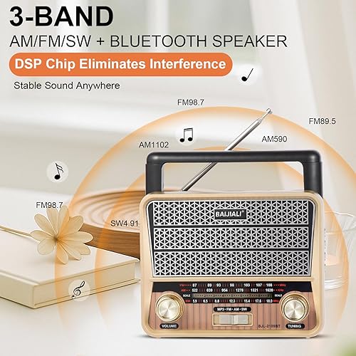 Miniatura 3 de Radio de emergencia portátil AMFMSW con Bluetooth, radio vintage a pilas, batería ACD, tarjeta TFreproducción USB, sonido fuerte para el hogar y al