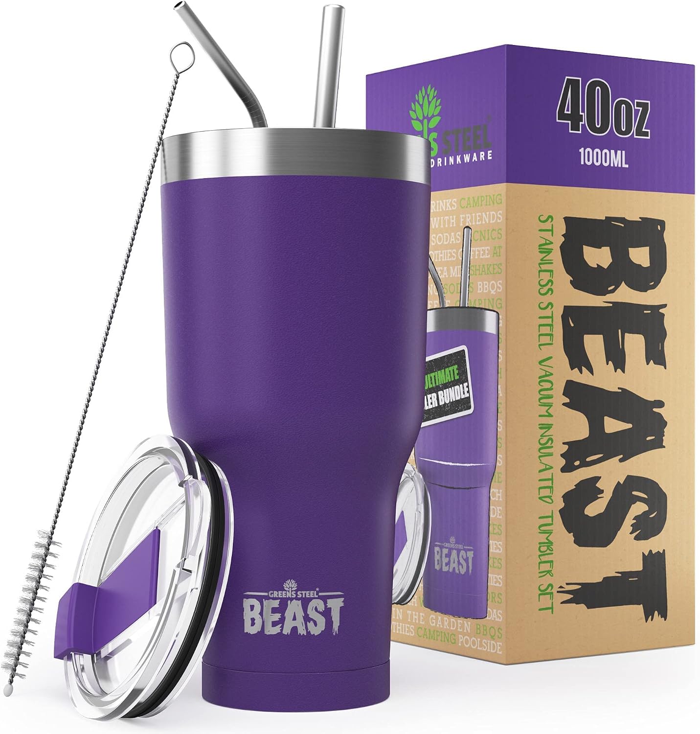 BEAST 40 oz Purple Tumbler Set with Handle - Stainless Steel Coffee Cup + 2 Straws Brush, Gift Box & Black Handle