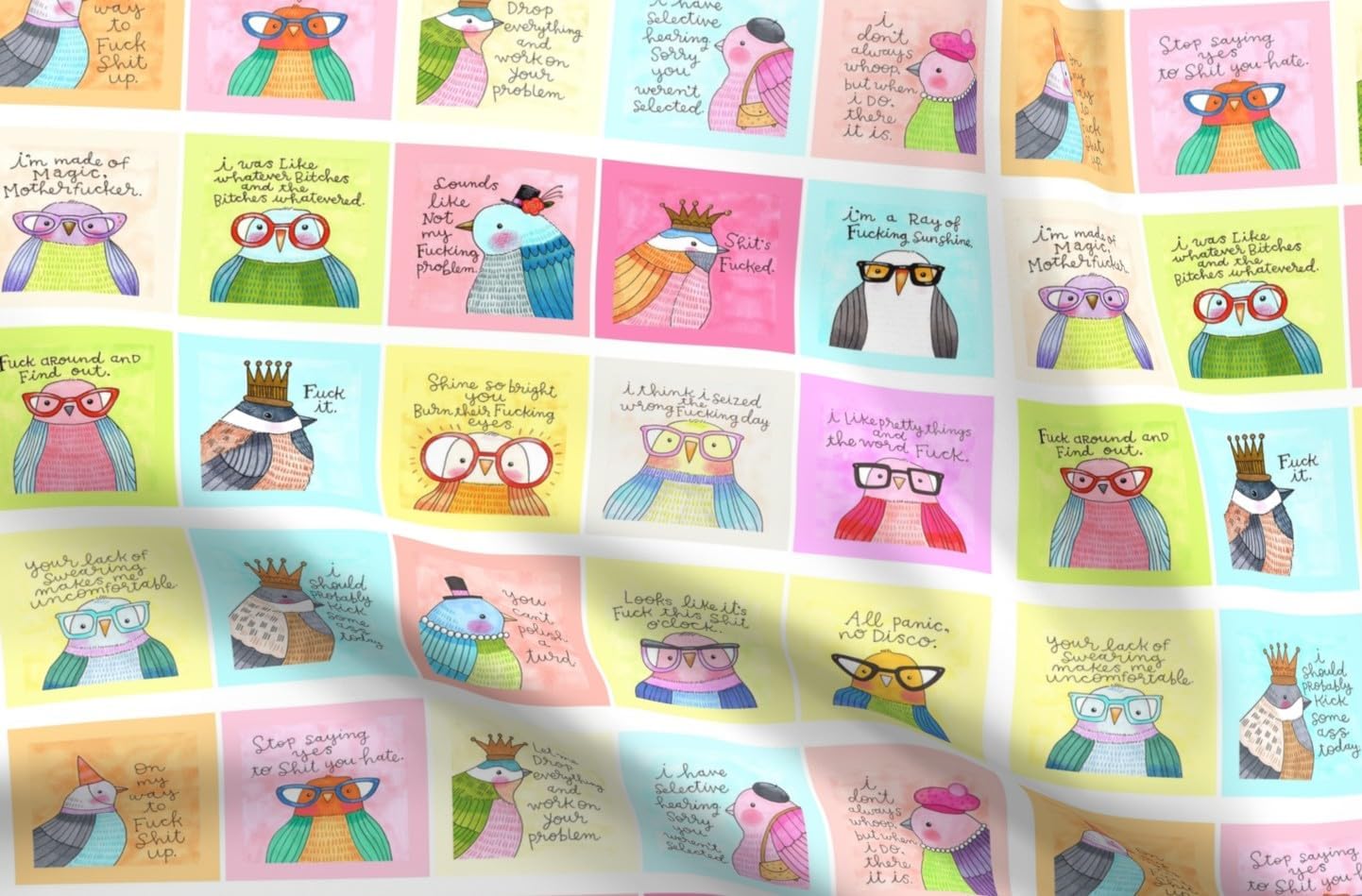 Spoonflower Fabric - Swearing Birds Mature Cartoon Glasses Funny Nsfw Colorful Animals Printed on Petal Cotton Fabric Fat Quarter - Sewing Quilting Apparel Crafts Decor