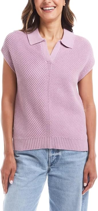 Weatherproof Vintage Womens Cotton Cap Sleeve Sweater - Slightly Oversized Fit - Chevron Rib Texture